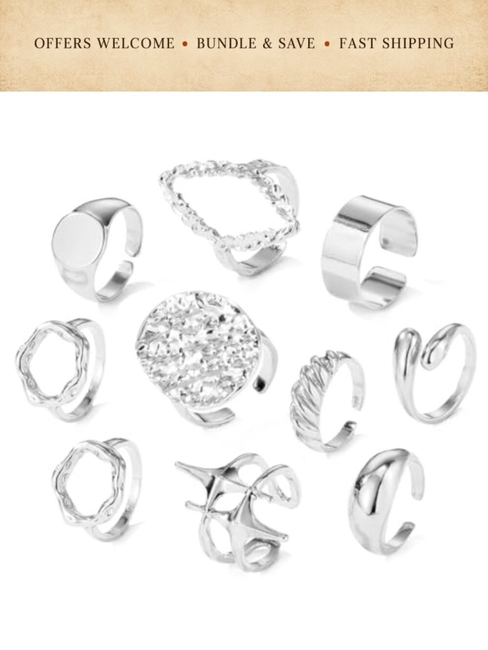 10 Pc 14K Gold Plated Adjustable Stackable Rings Set Punk Style - Picture 3 of 6